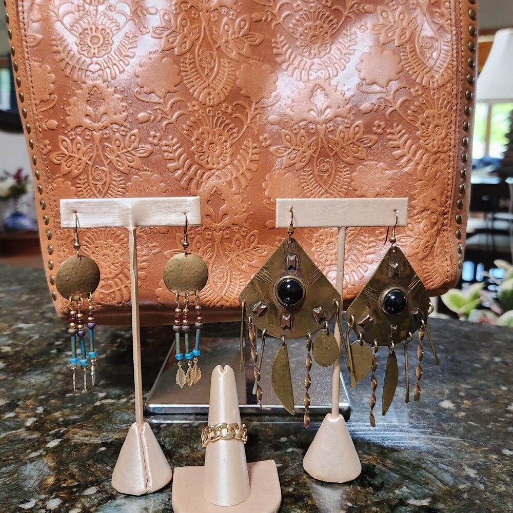 BOHO BUNDLE! THE SAK Embossed leather  bag bronze studs /2 pair earrings/ring